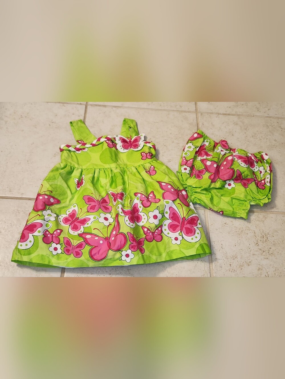 Vtg Neon Green Pink Butterfly Dress Diaper Cover Set Size 24m Rare Edition #1431